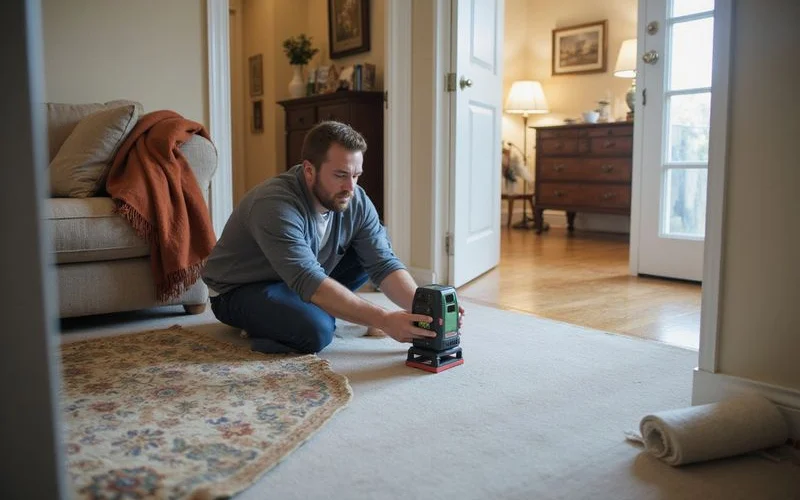 Technician taking interior floor elevation readings during a leveling assessment