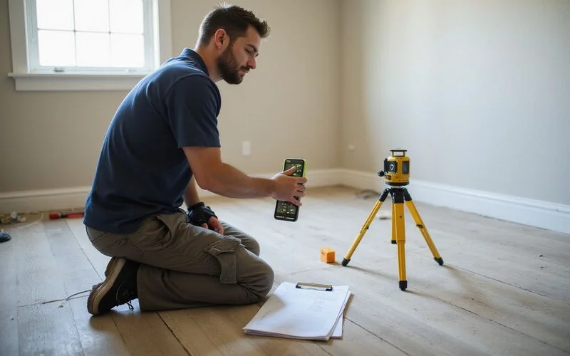 Technician taking floor elevation readings in an empty home before a sale