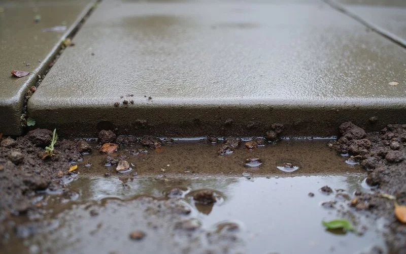 The same soil after rain, dark and swollen against the slab