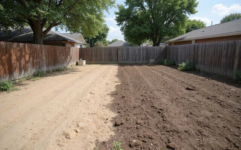 Two adjacent Houston yards showing visibly different soil at a property boundary
