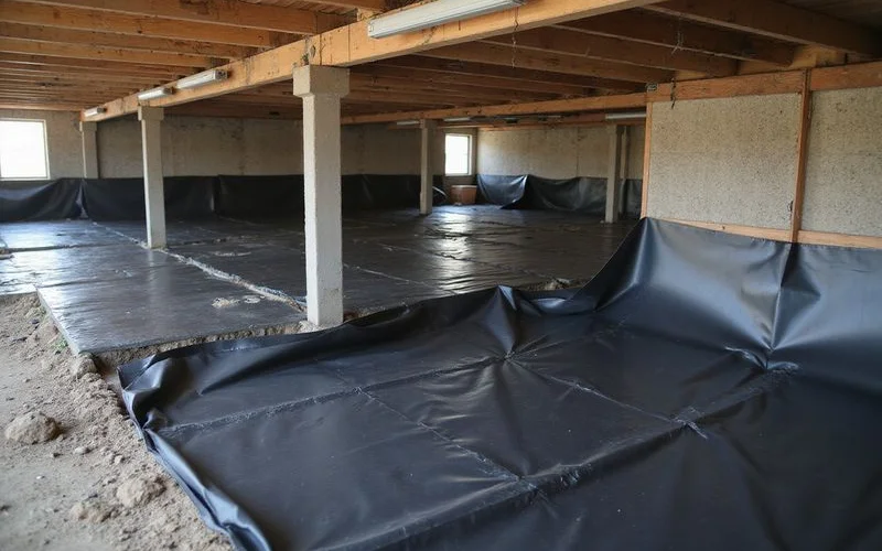 Vapor retarder laid across damp crawl space soil