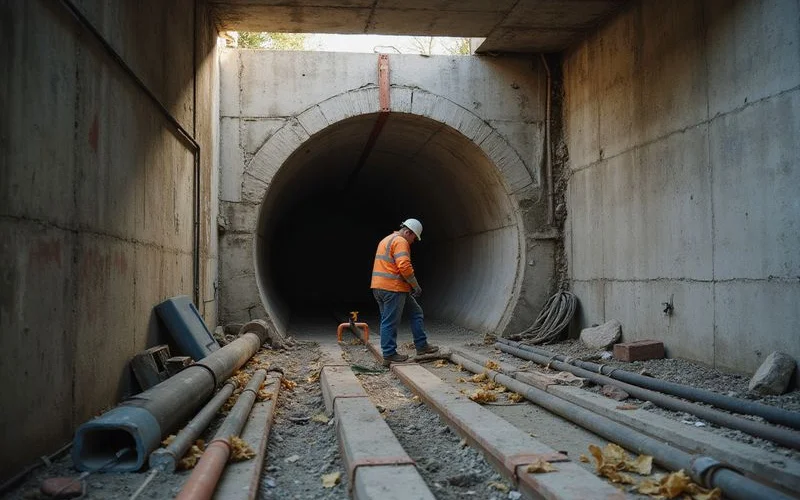 Worker coordinating plumbing repair in a shored tunnel under a slab