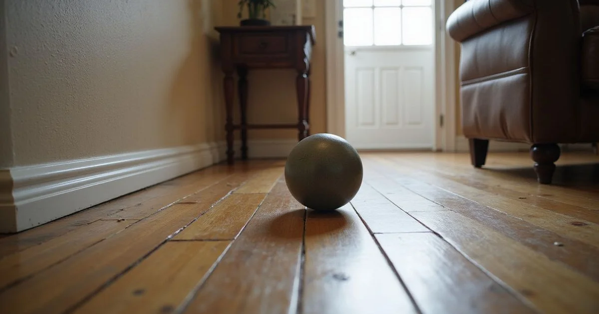 A ball rolling across a visibly sloping wood floor in a Houston home