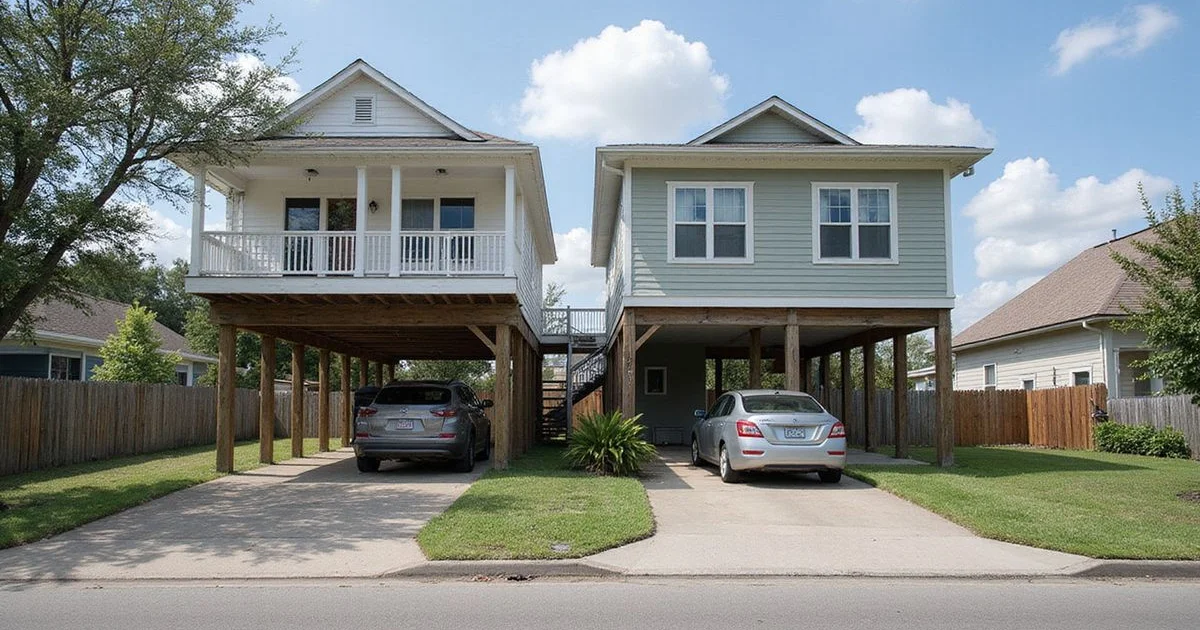 A Houston-area home raised on tall piers beside a conventional slab home