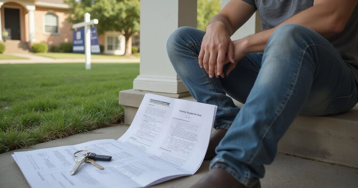 A buyer reviewing paperwork on the porch of a Houston home for sale
