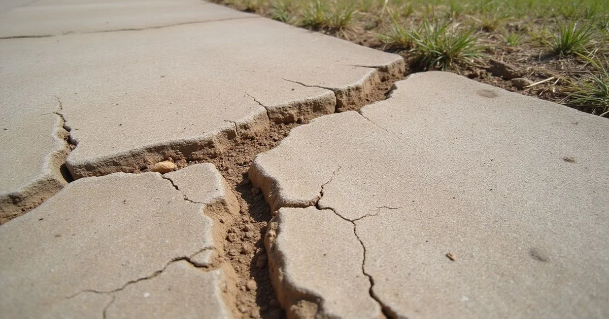 Cracked dry clay soil beside a residential slab edge in a Houston yard