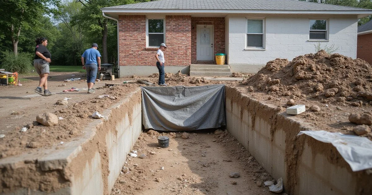 Crew underpinning a Houston home slab with piers rather than replacing it
