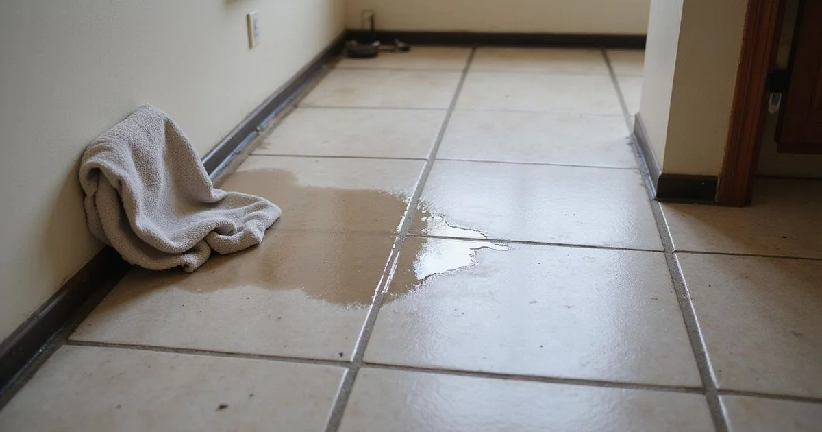 Damp patch on an interior slab floor near a wall in a Houston home