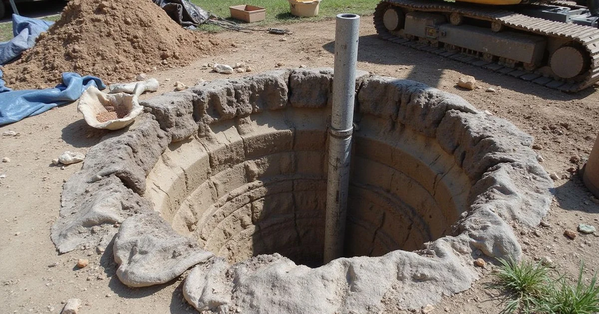 Drilled bell-bottom pier shaft being poured beside a Houston home
