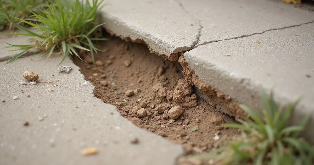 Dry cracked clay soil pulling away from a home's slab edge in summer