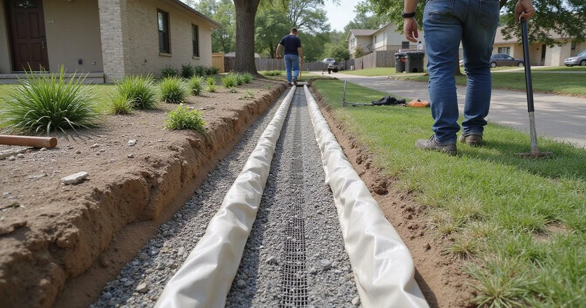 French drain gravel trench being installed along a Houston home's yard