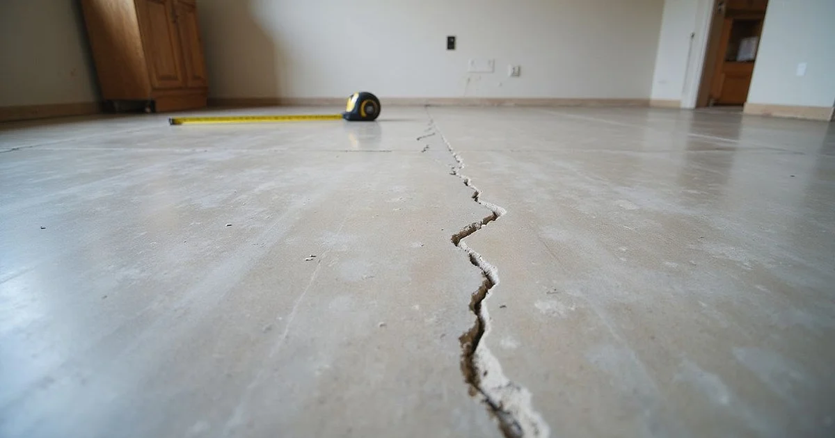 Hairline crack across an interior slab floor near a wall in a Houston home