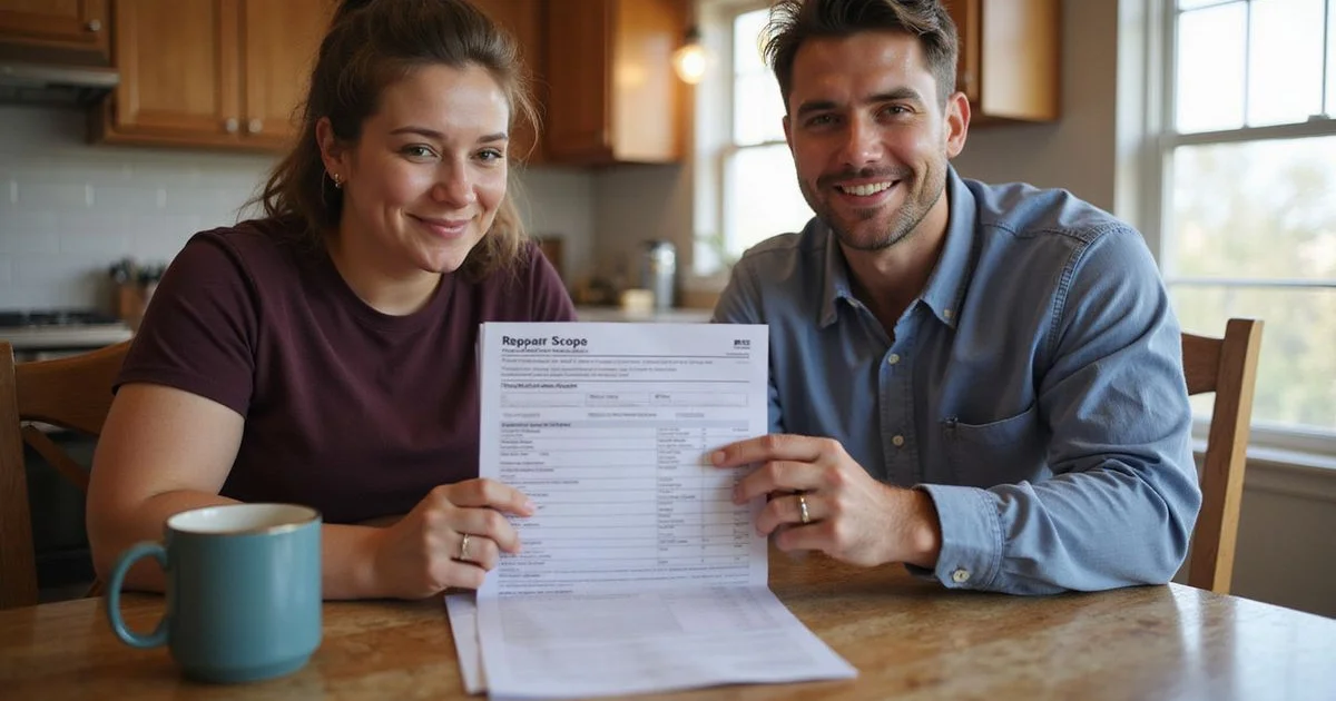 Homeowner and technician reviewing a printed foundation repair scope at a kitchen table