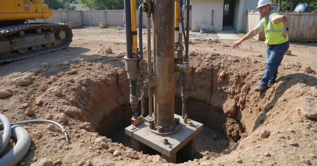 Hydraulic driving of a steel pier section beside a Houston home foundation
