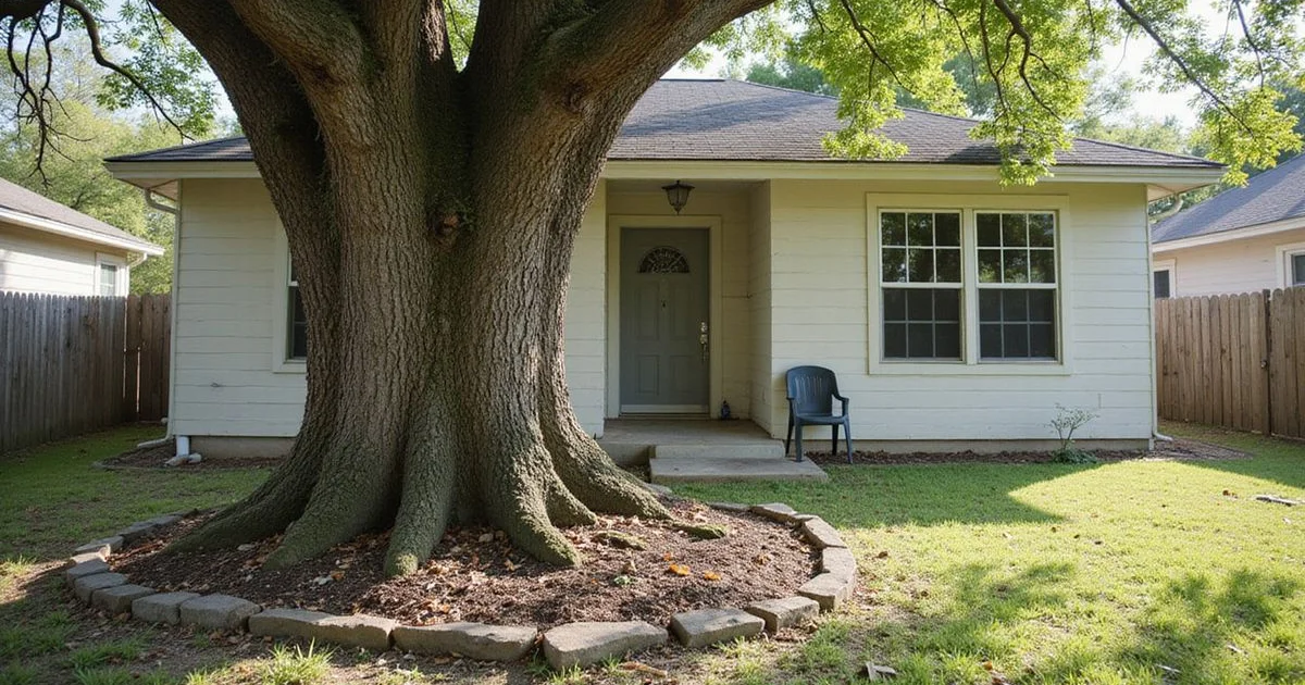 Large tree beside a Houston home with visibly dry soil near the slab