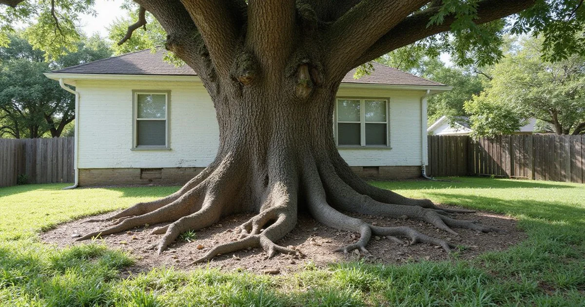 Mature live oak close to a Houston home with exposed surface roots
