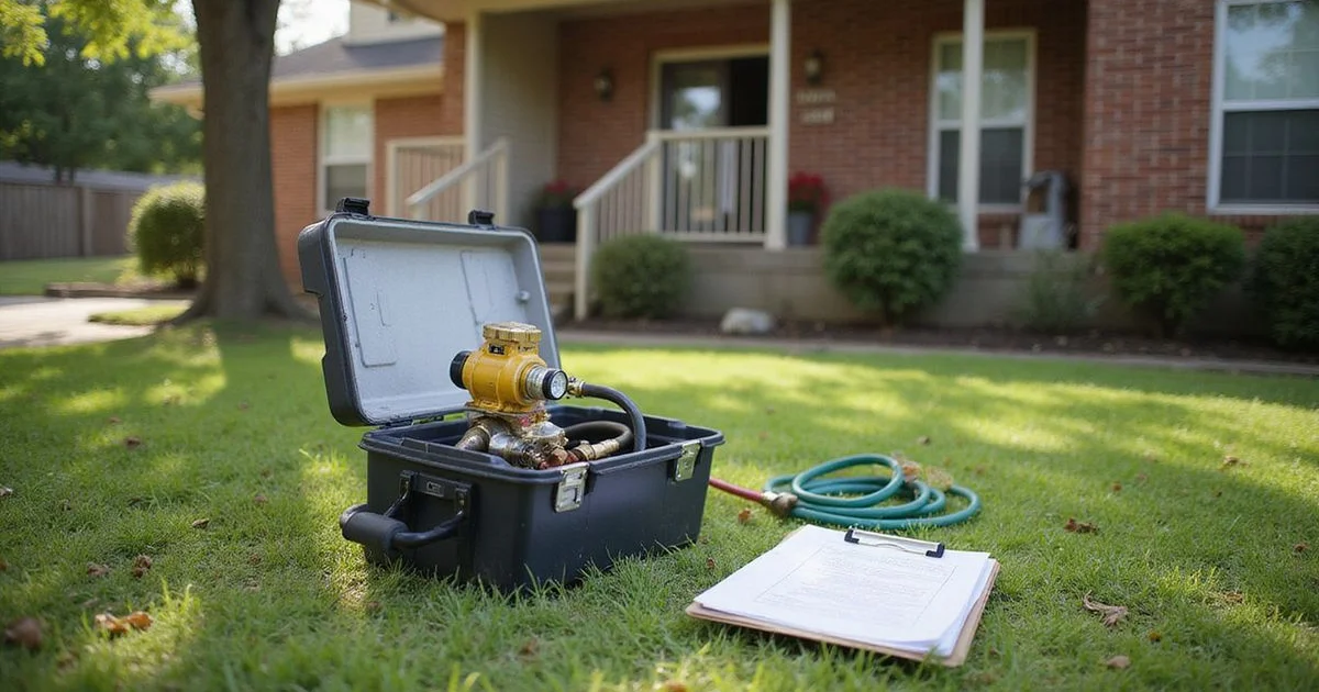 Plumber's pressure test setup next to a foundation evaluation clipboard