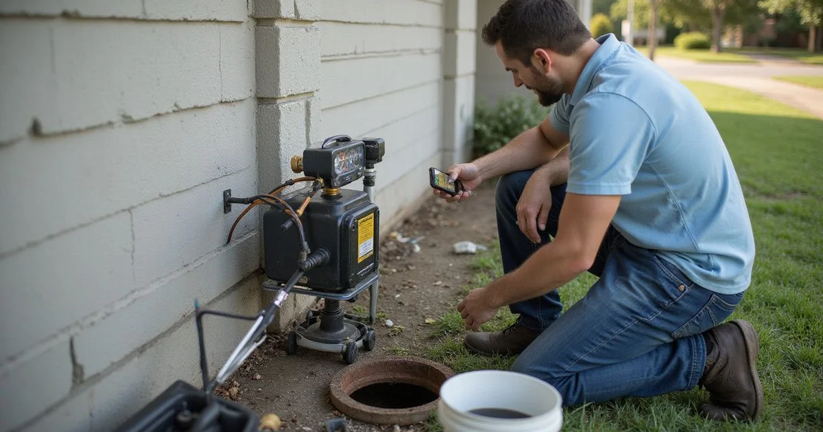 Plumber setting up a test at a cleanout on a Houston home slab