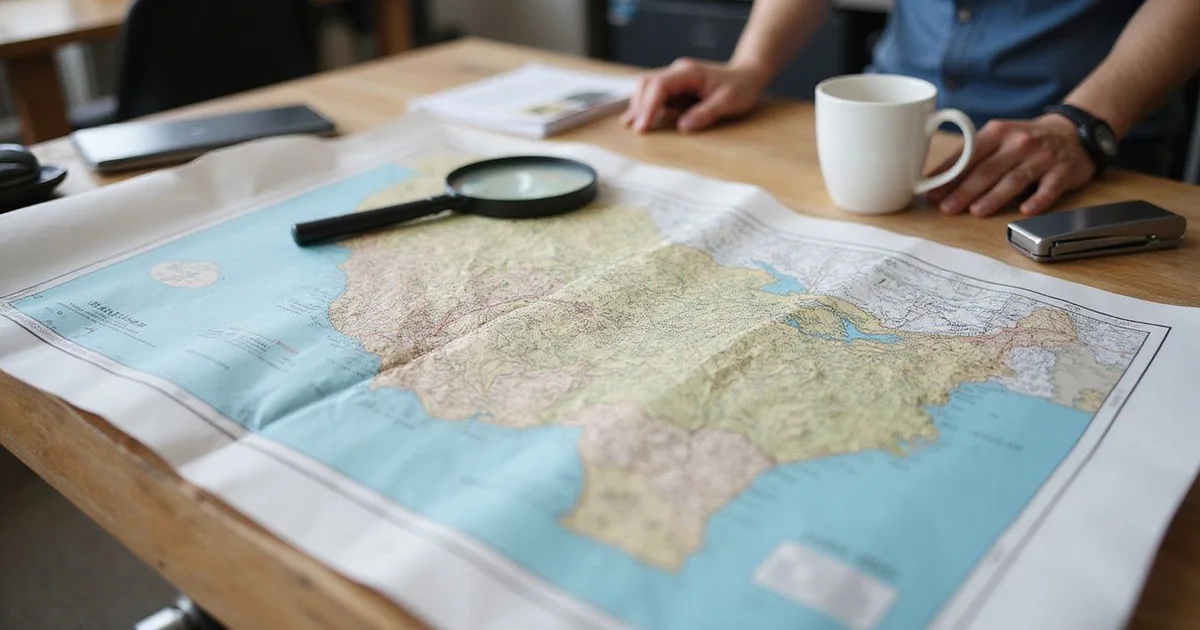 A printed regional map on a table with a magnifier, documentary style