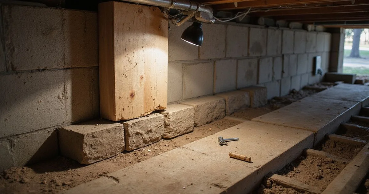 Rotted wood sill plate on a pier in a Houston crawl space