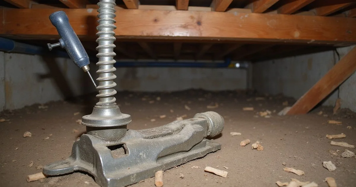 Screw jack supporting a beam in a Houston crawl space during repair