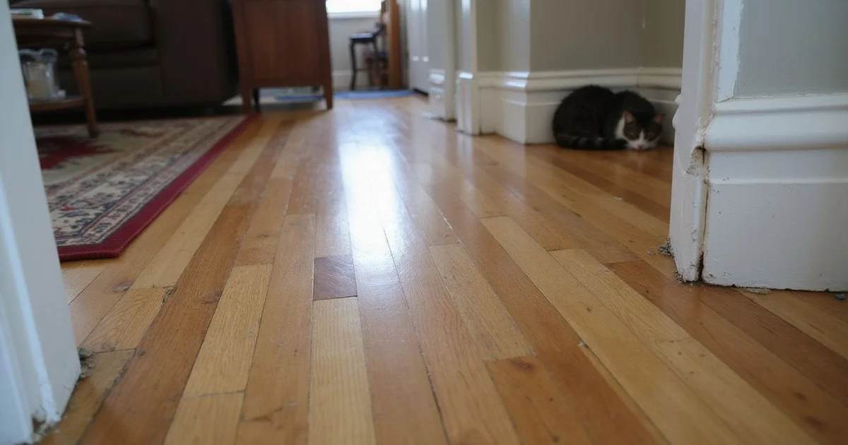 Sloping wood floor with a gap at the baseboard in an older Houston home