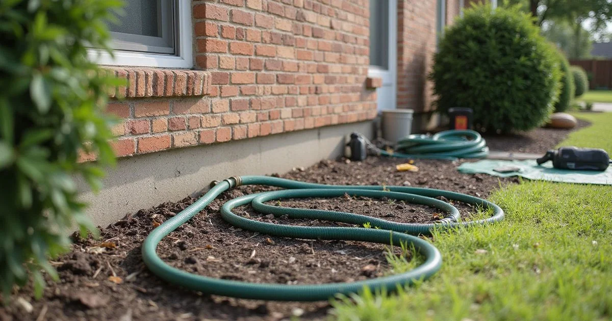 A soaker hose along the perimeter of a Houston home's foundation