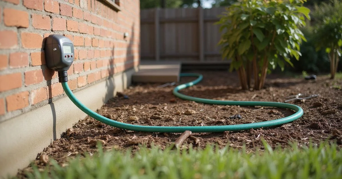 Soaker hose on a timer beside a home foundation during a Houston afternoon