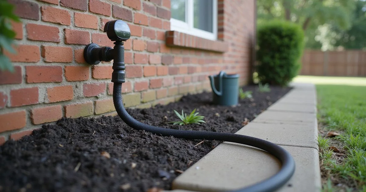 Soaker hose running on a timer beside a Houston home foundation in late summer