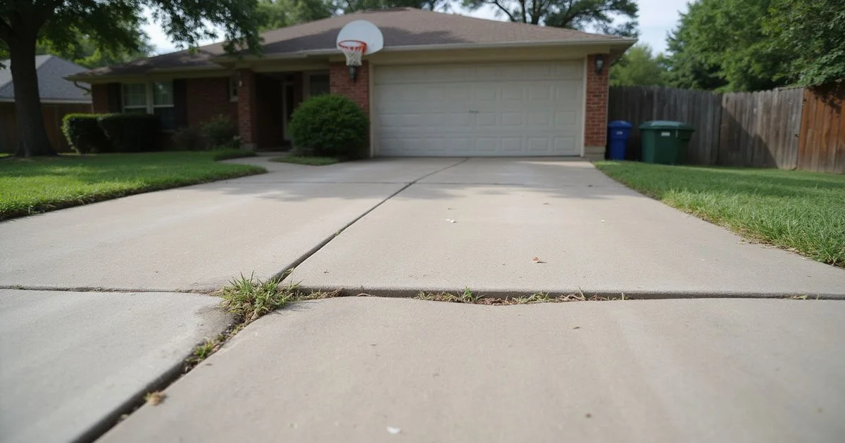 Sunken section of a concrete driveway with a trip hazard at a Houston home