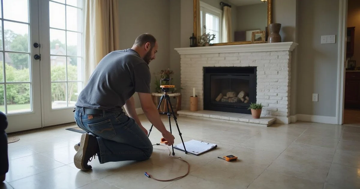 Technician taking floor elevation readings with a level tool in a Houston living room