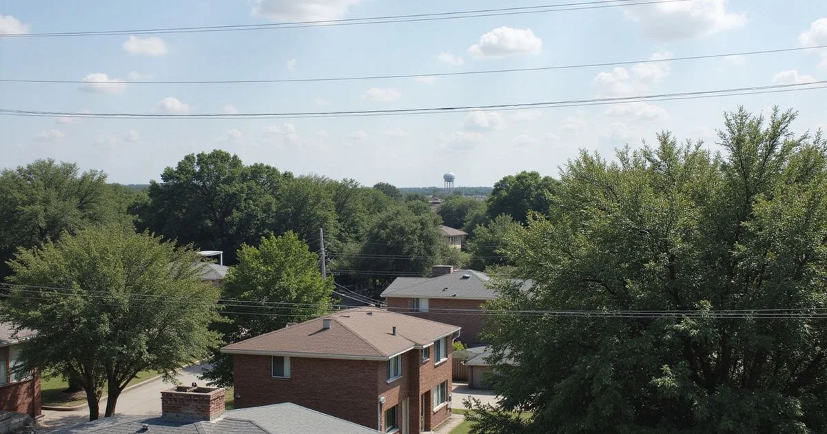 Wide view of a Houston residential neighbourhood under a Gulf Coast sky
