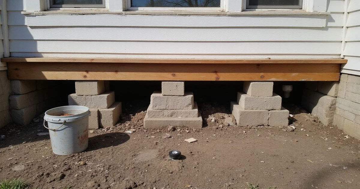 Wood sill resting on stacked concrete masonry block piers under an old Houston home