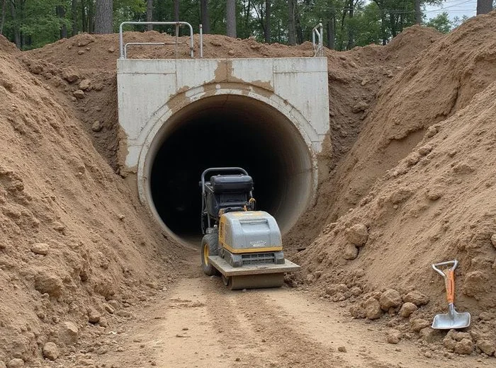 Backfill being compacted in layers within a completed tunnel