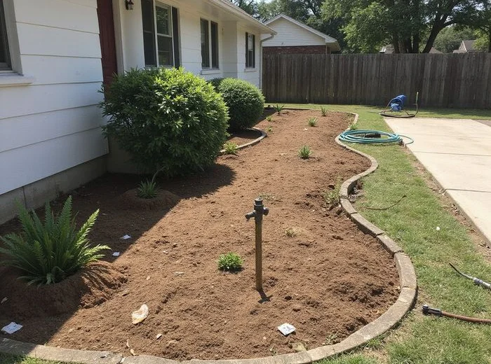 Backfilled and restored pier locations along a Houston home's flowerbed