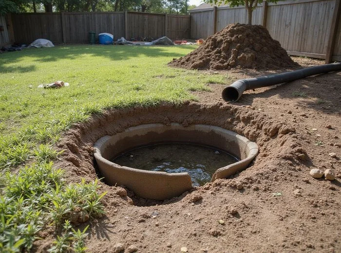 Catch basin set flush in a low point with solid outlet pipe leading away