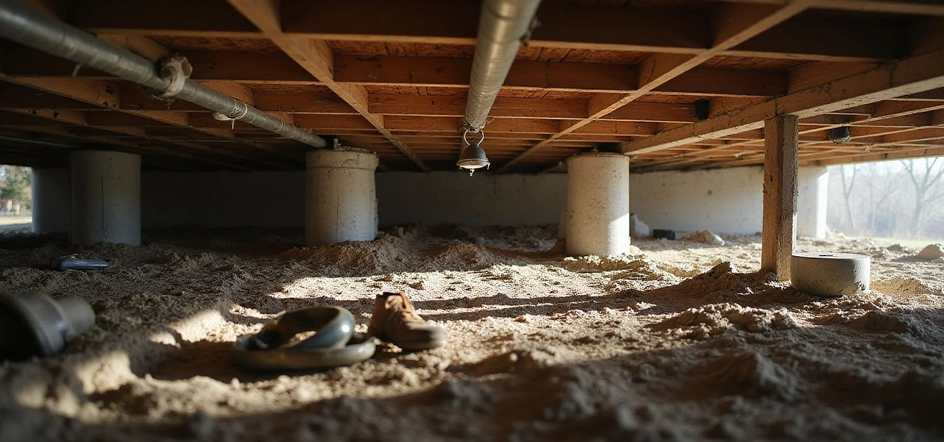 Crawl space beneath a raised Houston bungalow showing wood beams and pier caps