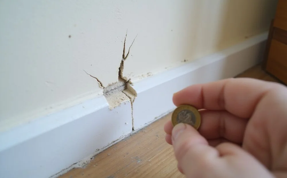 Diagonal drywall crack radiating from a door corner with a coin for scale