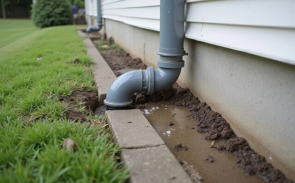 Downspout extension carrying roof water away from a slab edge