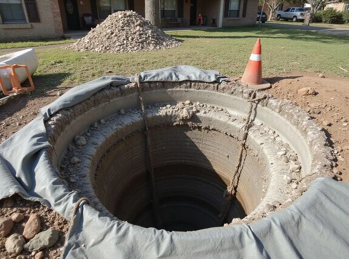 Drilled shaft for a bell-bottom concrete pier open beside a Houston home