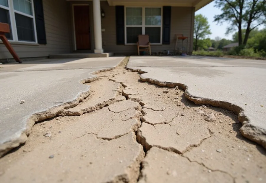 Dry cracked Gulf Coast clay soil pulling away from the concrete slab edge of a Houston home