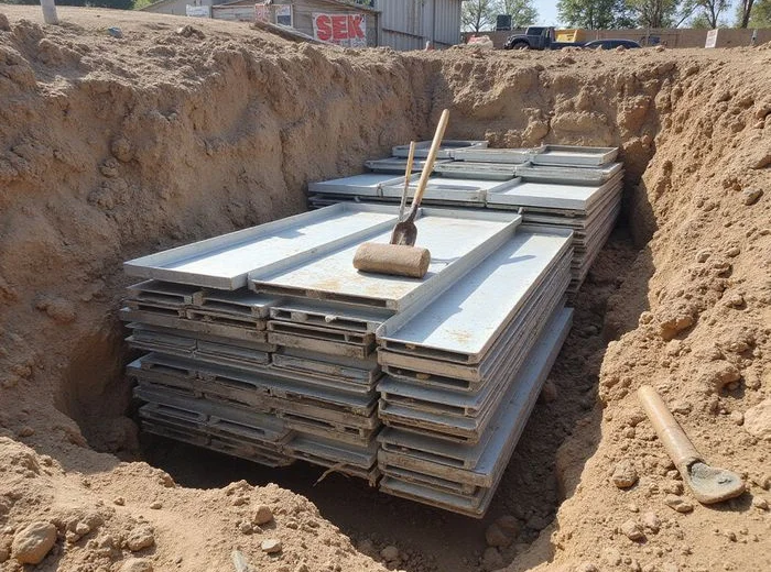 Galvanised steel pier sections stacked ready for driving