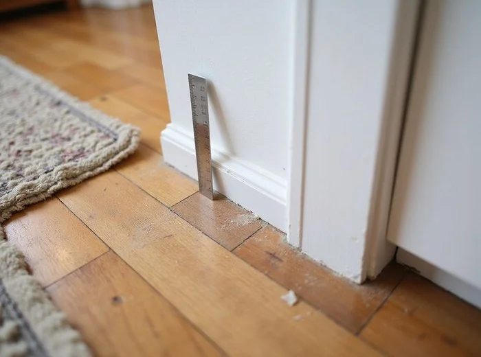 Gap opening between baseboard and floor with a ruler for scale