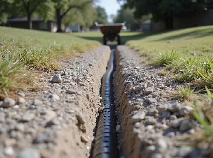 French drain trench under construction beside a Houston home