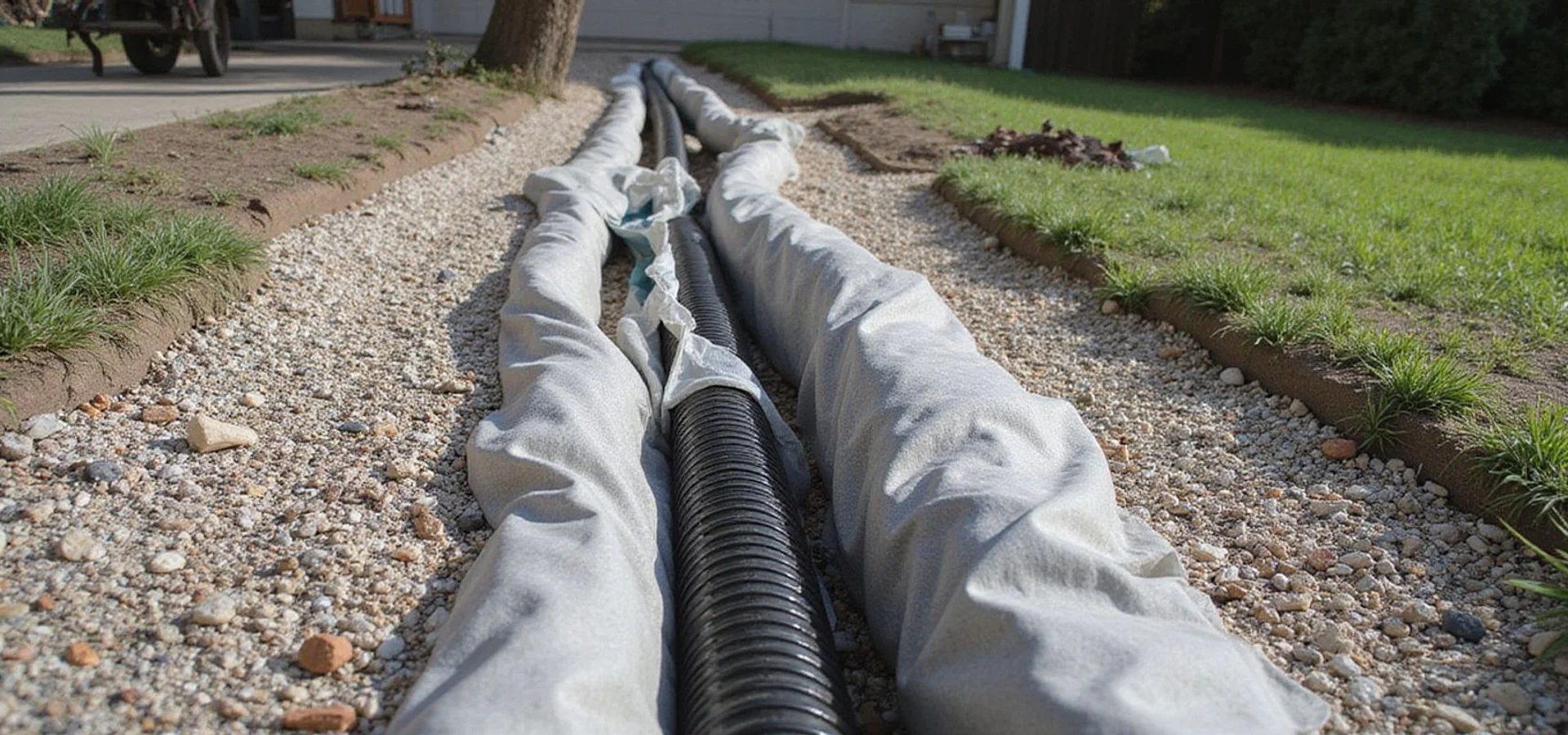 Gravel-filled French drain trench with perforated pipe running along a Houston side yard