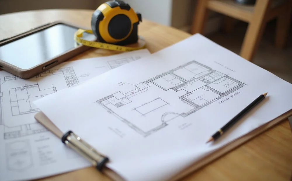 Floor elevation contour notes on a clipboard beside a room diagram