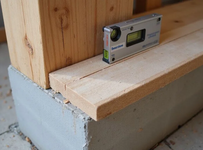 Hardwood shims between a pier cap and beam with a level across the joint