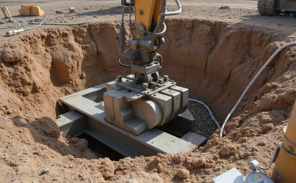 Hydraulic drive head advancing a steel pier section beneath a grade beam