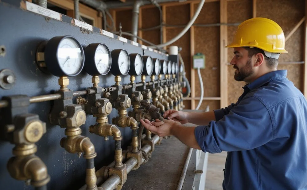 Hydraulic manifold with pressure gauges controlling several jacks during a synchronised lift