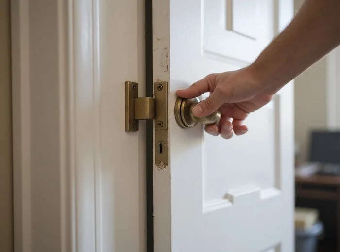 Interior door closing cleanly against its latch after leveling